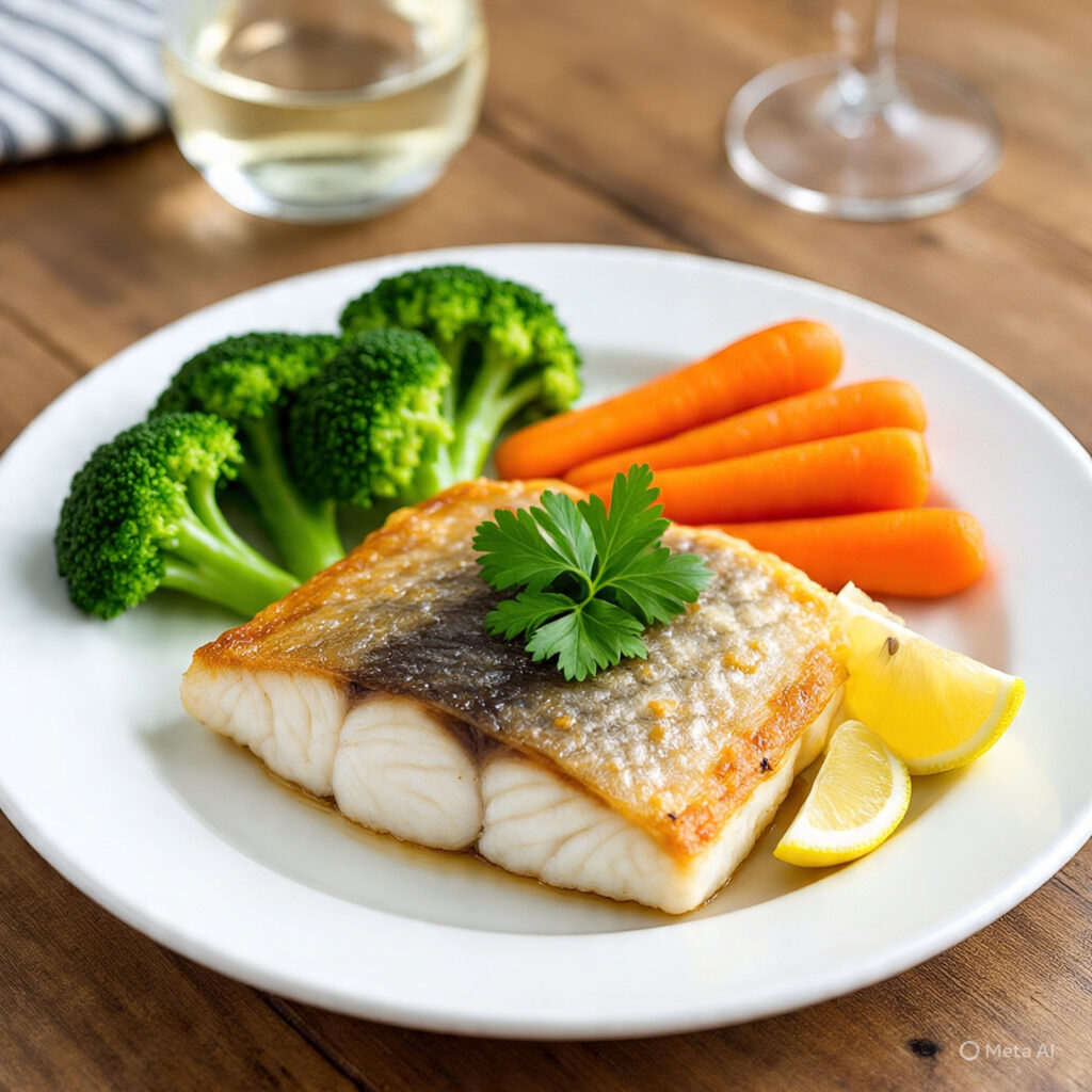 baked fish with steamed broccoli and carrots