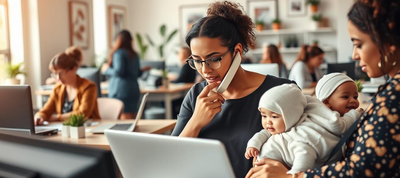 confident American working mother in power suit holding toddler and briefcase – diplomat mom success 2025