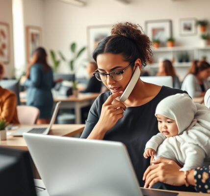 confident American working mother in power suit holding toddler and briefcase – diplomat mom success 2025