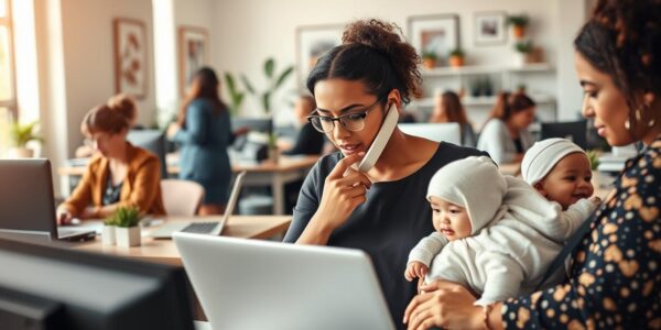 confident American working mother in power suit holding toddler and briefcase – diplomat mom success 2025