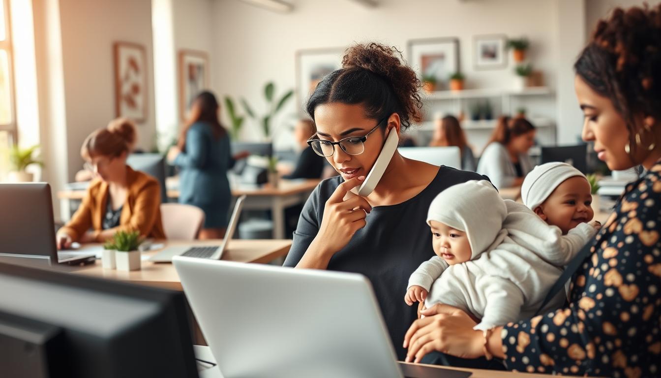 confident American working mother in power suit holding toddler and briefcase – diplomat mom success 2025
